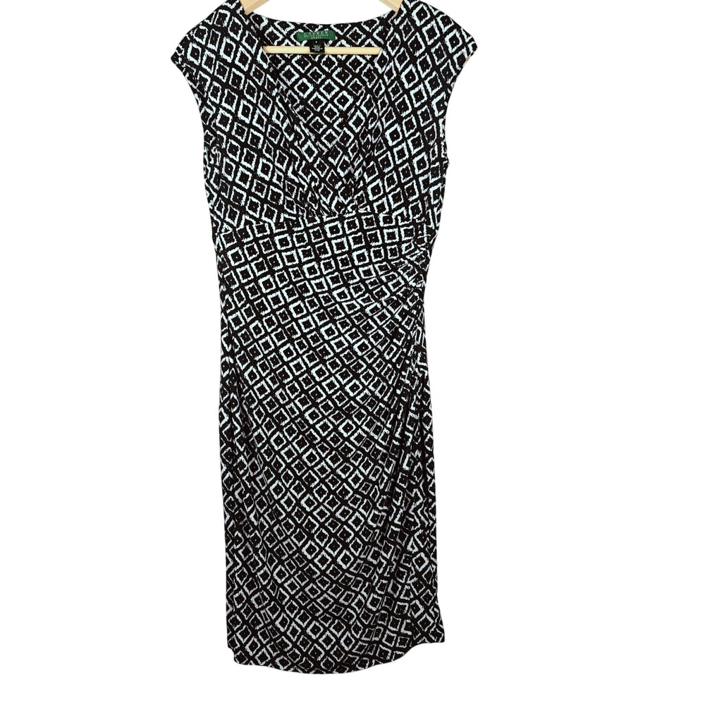 Lauren Ralph Lauren Black White Geometric Print Cap Sleeve Ruched‎ Sheath Dress
